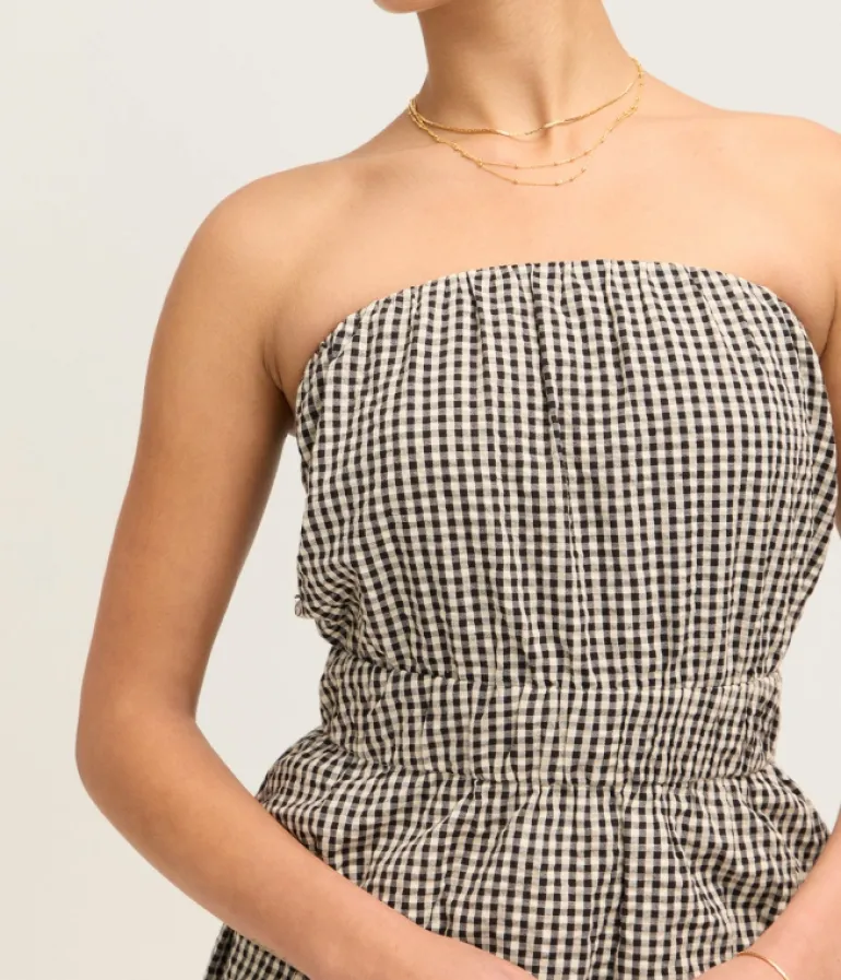 Tops-Posse Aurelia Strapless Top in Gingham Black and Cream