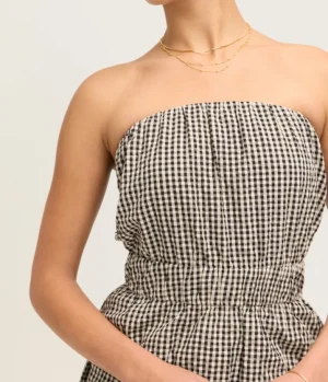 Tops-Posse Aurelia Strapless Top in Gingham Black and Cream