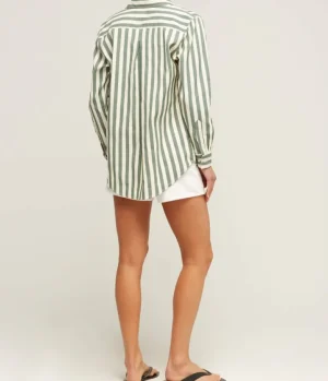 Tops-Yaitte Buoy Striped Shirt in Green and Off White