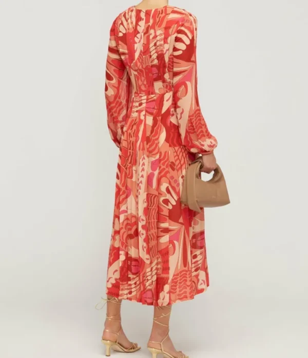 Dresses-Rixo Camellia Silk Longsleeve Dress in Butterfly Red