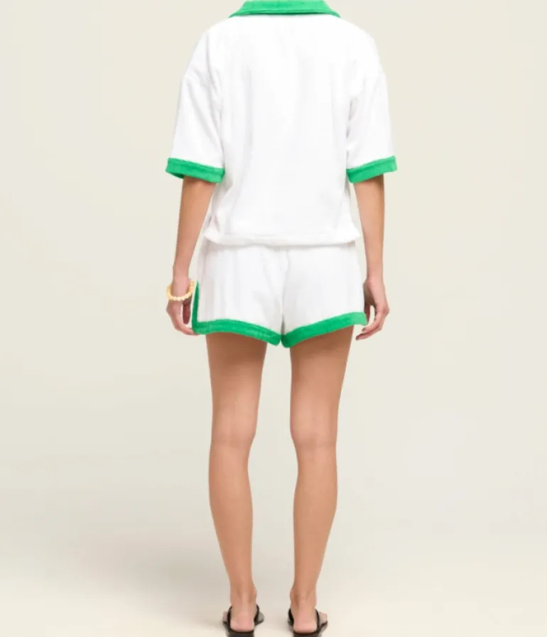 Tops-TERRY. Estate Towelling Tee in Bianco with Verde Trim