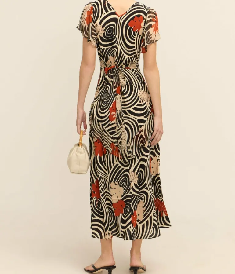 Dresses-Rixo Evie Midi Dress in Black Swirl Daisy