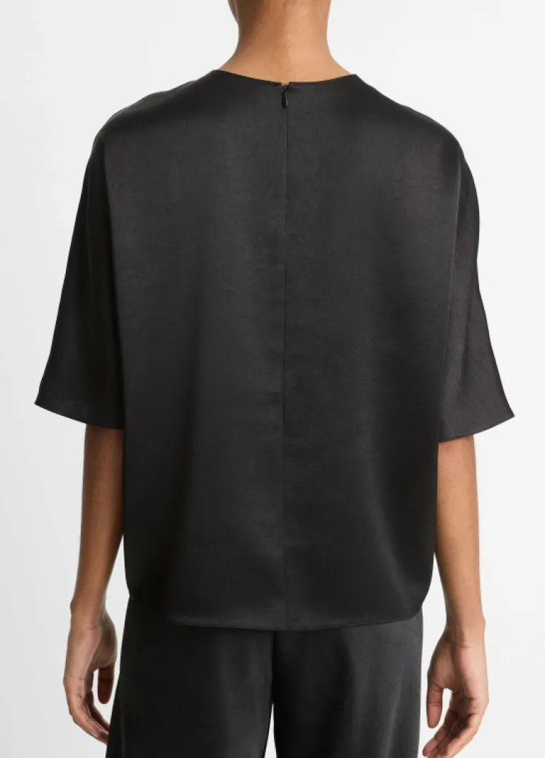 Tops-Vince Fluid Satin Short Sleeve Blouse in Black