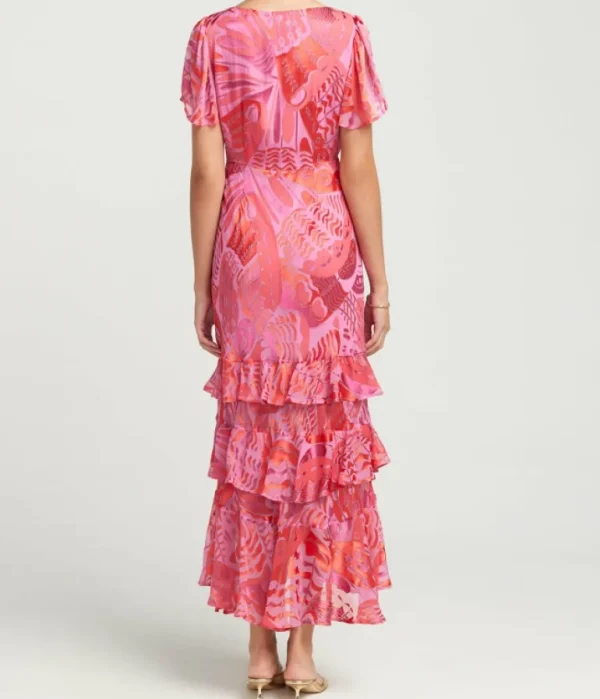 Dresses-Rixo Gilly Short Sleeve Maxi Dress in Butterfly Devore Pink