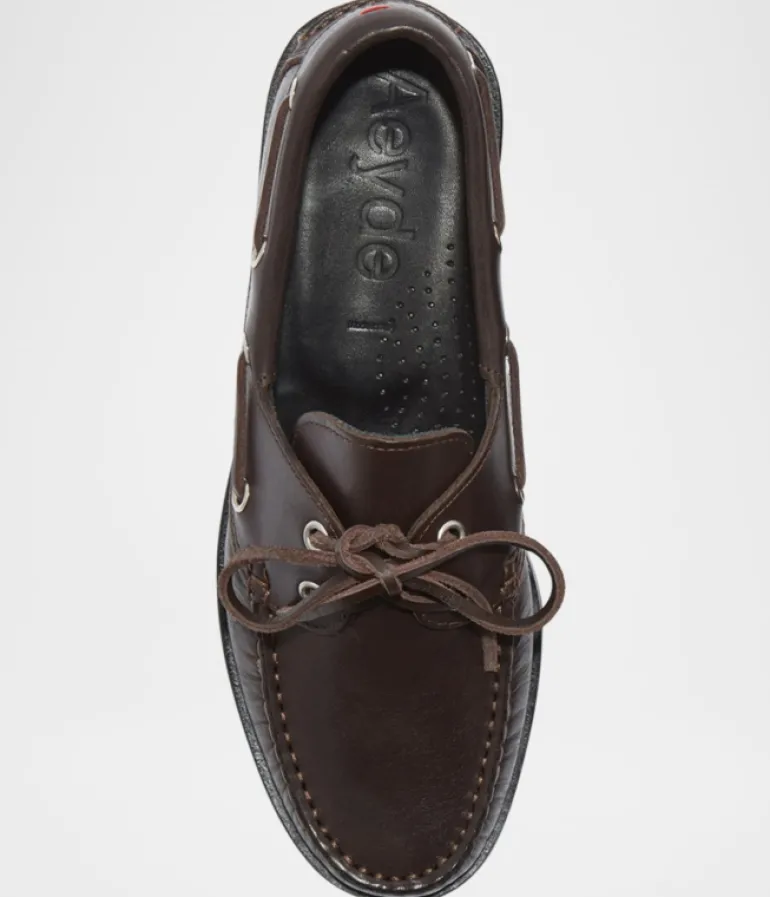 Flat Shoes-Aeyde Harris Calf Leather Boat Shoe in Moka