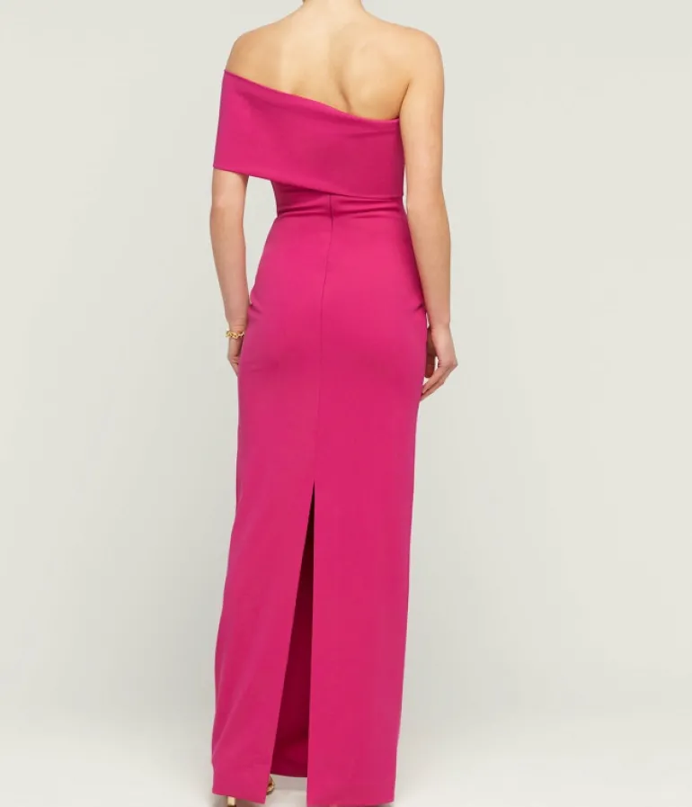 Dresses-Solace London Lana One Shoulder Crepe Knit Maxi Dress in Fuchsia