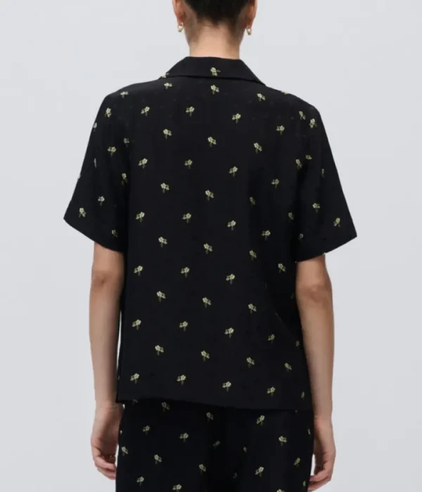 Tops-Oroton Mini Daisy Jacquard Camp Shirt in Black