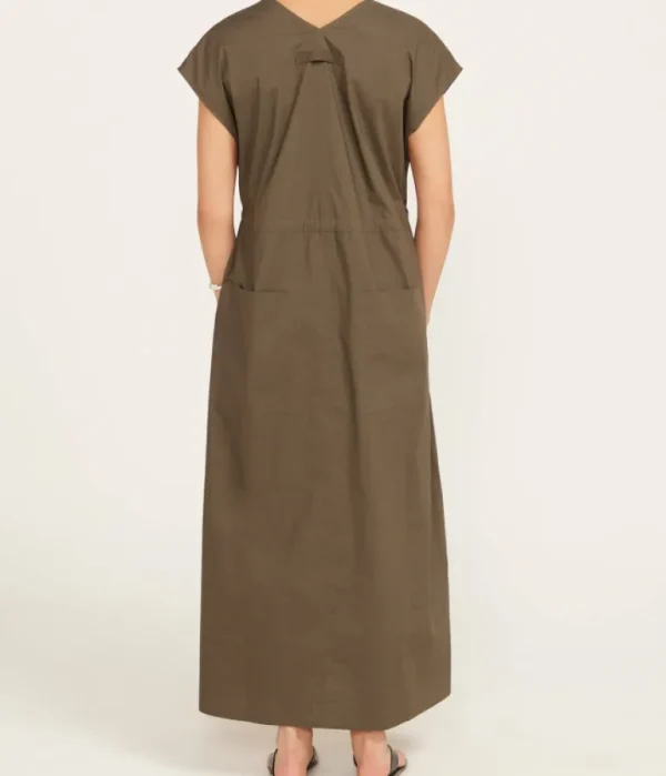 Dresses-Lee Mathews Poplin V Neck Dress in Olive