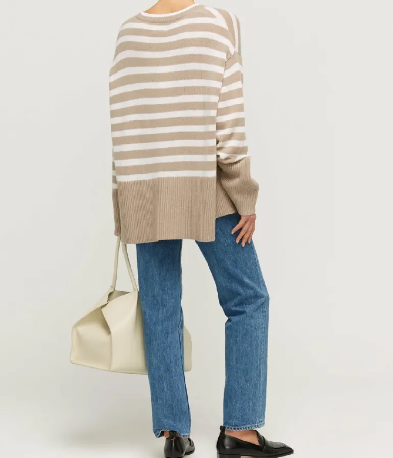 Loungewear | Knitwear-Allude Round Neck Wool and Cashmere Sweater in Sand Stripe