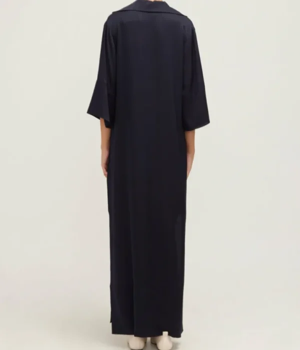 Dresses-Allude Serafino V-Neck Silk Dress in Navy