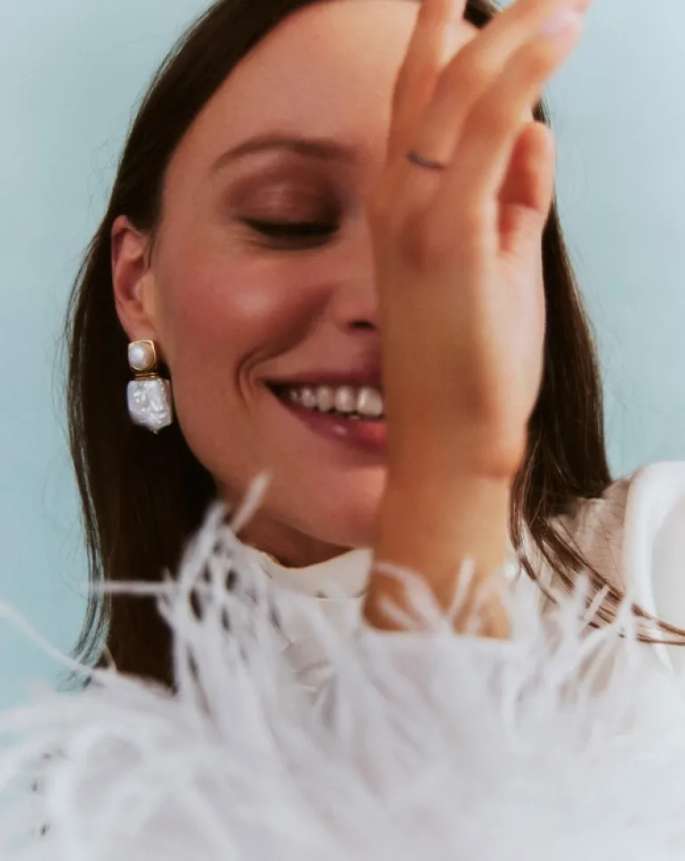 Jewellery | Earrings-Missoma Square Pearl Statement Stud Earrings in Gold
