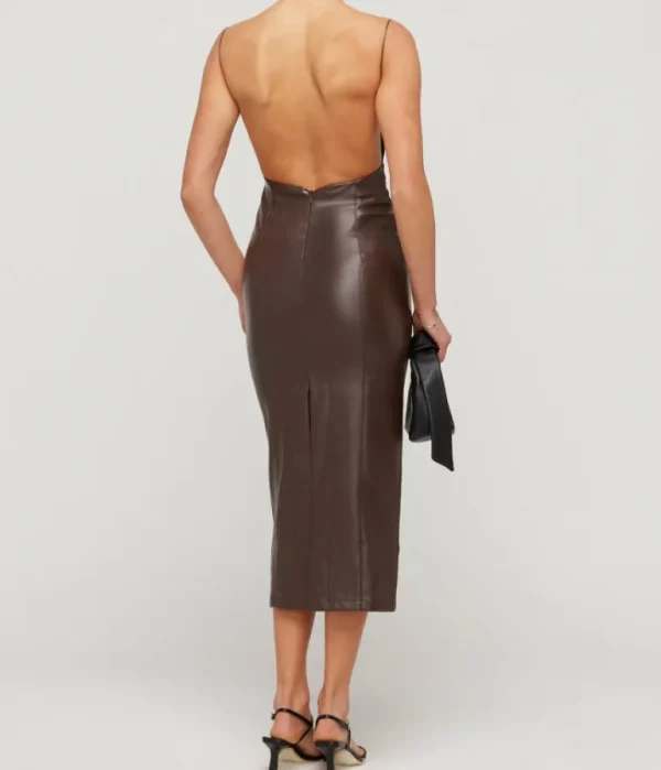 Dresses-Aaizel Vegan Leather Open Back Midi Dress in Dark Brown