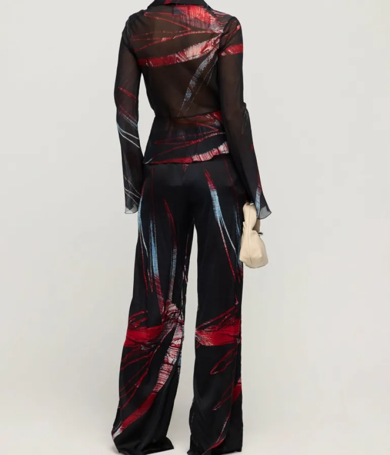 Pants-Louisa Ballou Wide Leg Silk Satin Pant in Red Silver Flower
